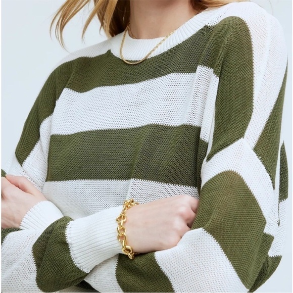 Madewell Loose Open Knit Crewneck Lightweight Sweater White Green Stripe NWT XS - Picture 2 of 12